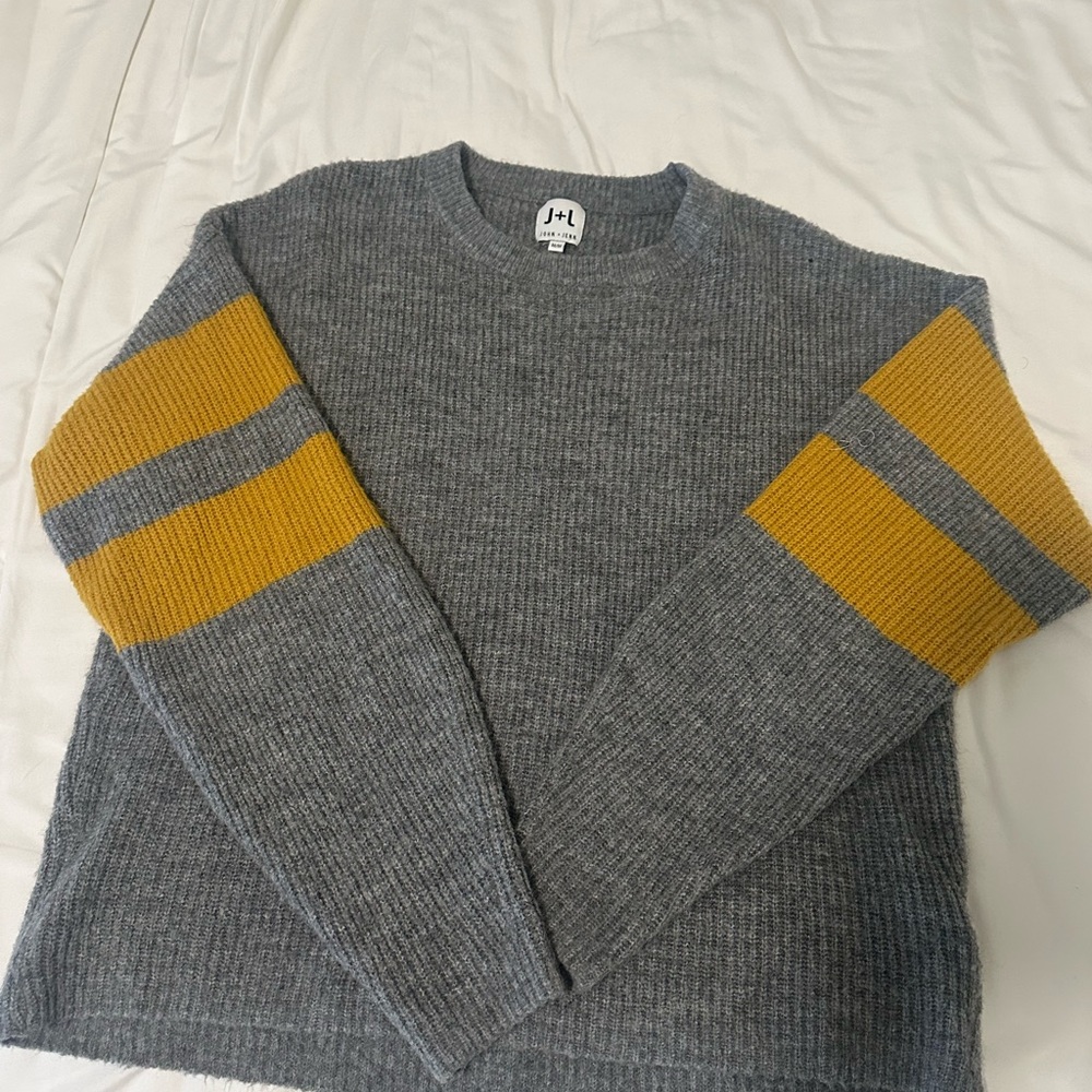John and Jenn Gray Sweater with Yellow Stripes